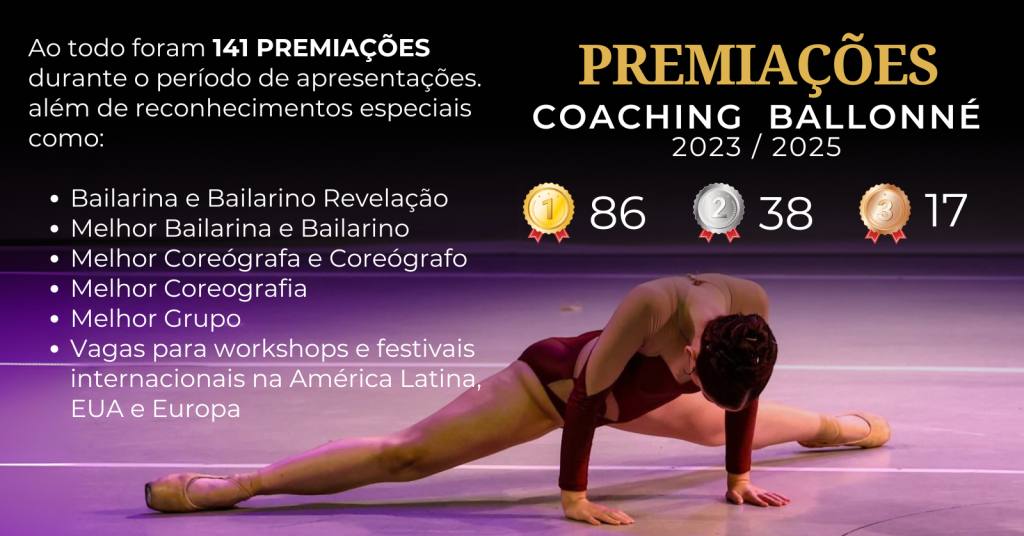 Imagem promocional do Coaching Ballonné 2023/2025 destacando as 102 premiações recebidas, incluindo 60 medalhas de ouro, 28 de prata e 14 de bronze. A lista de categorias premiadas inclui Bailarina e Bailarino Revelação, Melhor Bailarina e Bailarino, Melhor Coreógrafa e Coreógrafo, Melhor Coreografia, Melhor Grupo, além de vagas para workshops e festivais internacionais na América Latina, EUA e Europa. A imagem mostra uma bailarina executando uma dança no palco, com uma iluminação suave em tons de roxo.